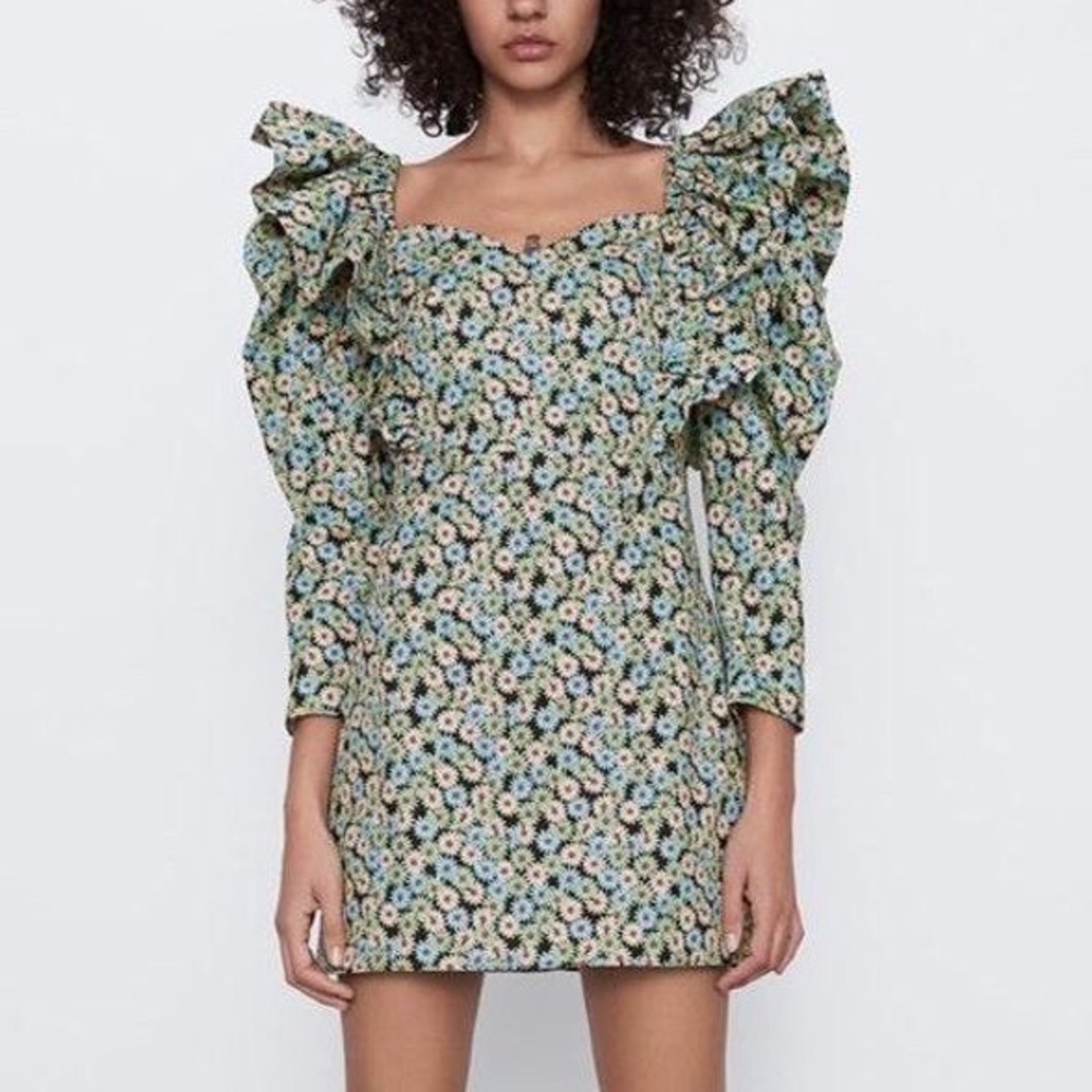 Zara Green Daisy Print Puff Sleeves Mini Dress